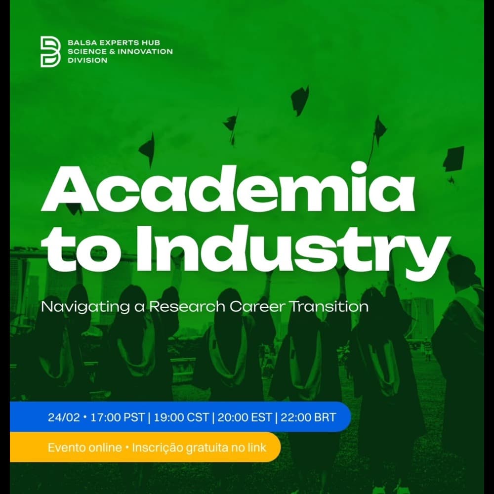 Academia to Industry poster in green with graduates throwing their caps