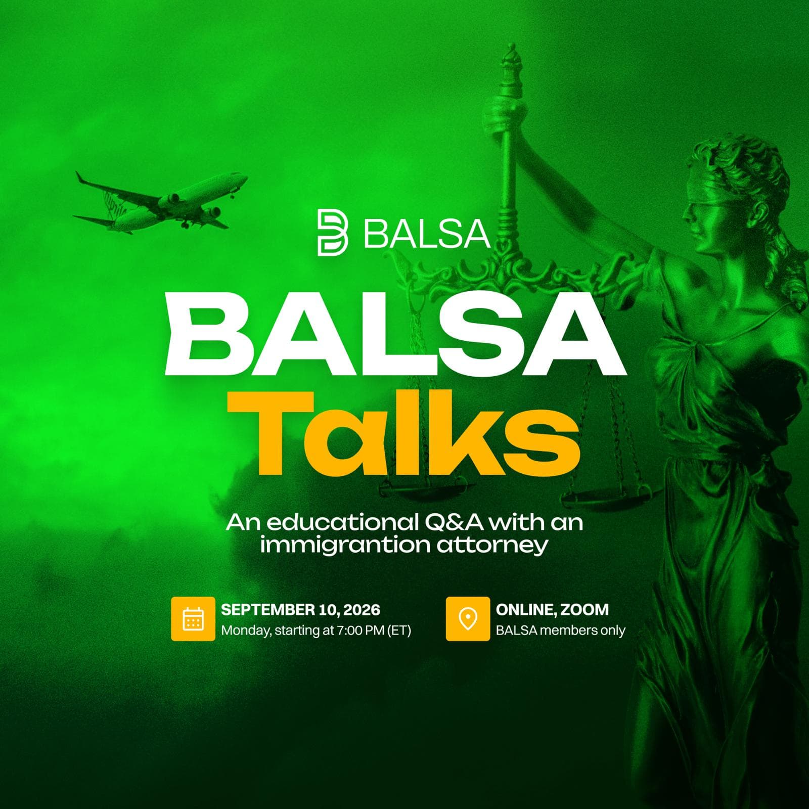 BALSA Talks educational immigration Q&A event poster featuring an airplane and the figure of Justice