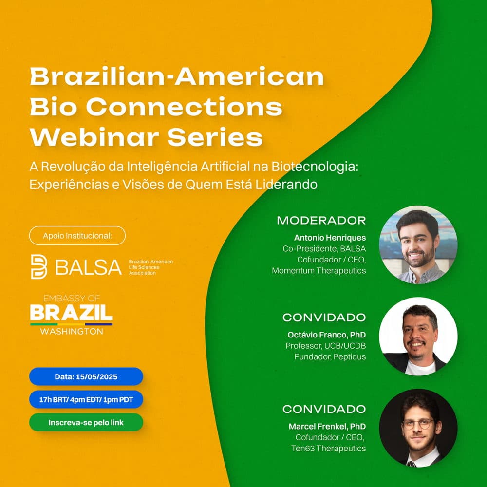 Brazilian-American Bio Connections webinar poster on AI in biotech