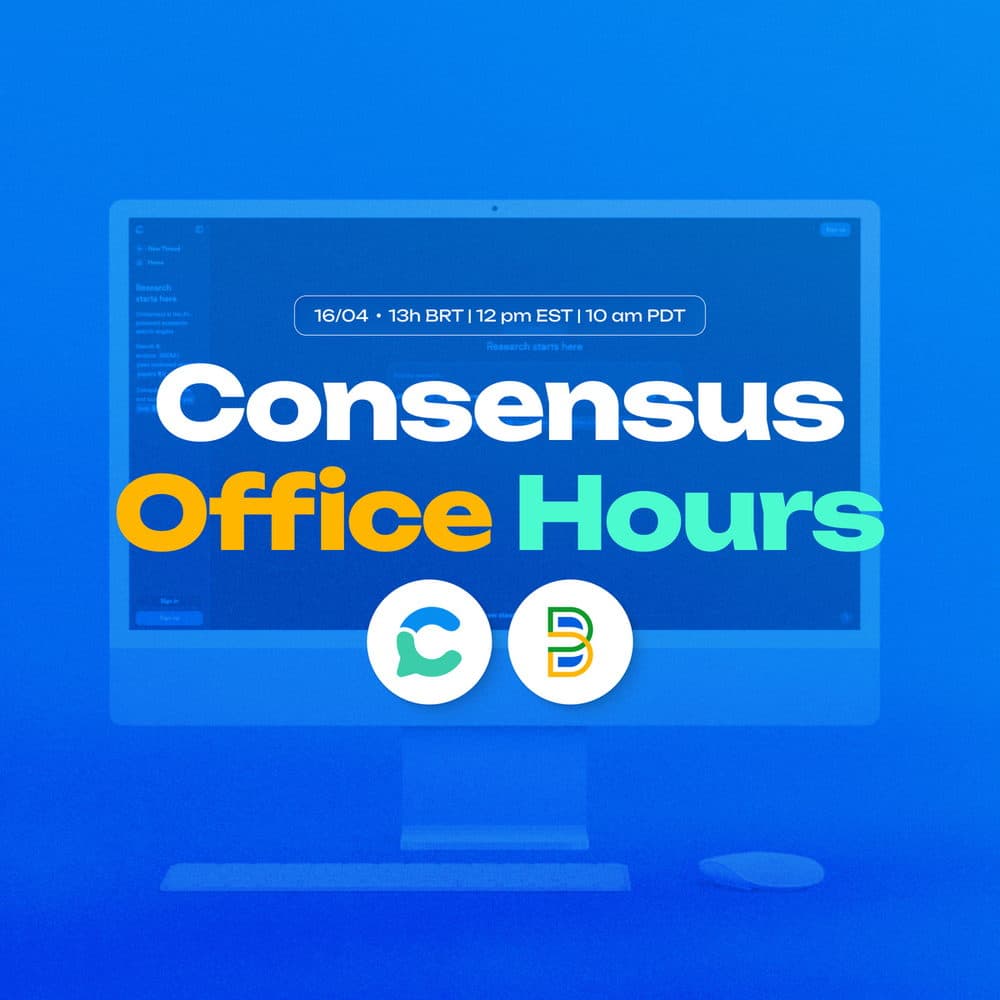 Consensus Office Hours poster with a desktop computer on blue