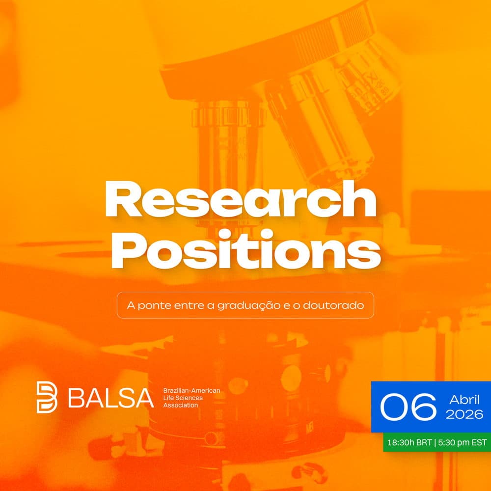 Research Positions poster in orange with a microscope