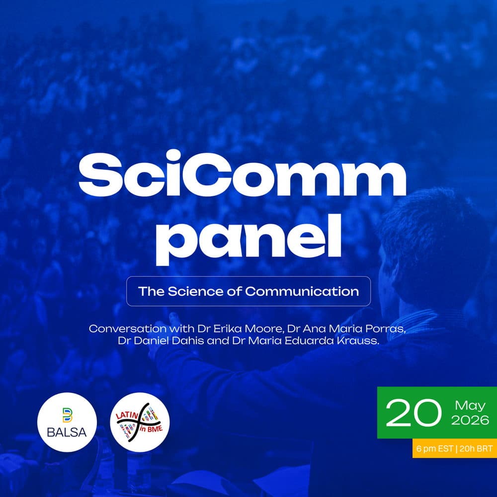 SciComm Panel poster over a photo of a lecture audience