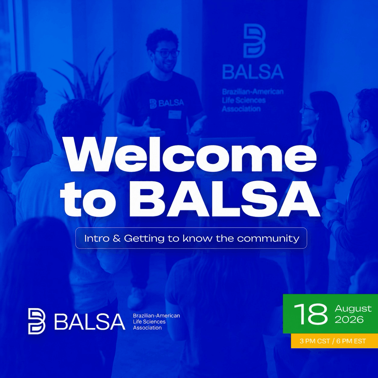 Welcome to BALSA event flyer with blue BALSA branding